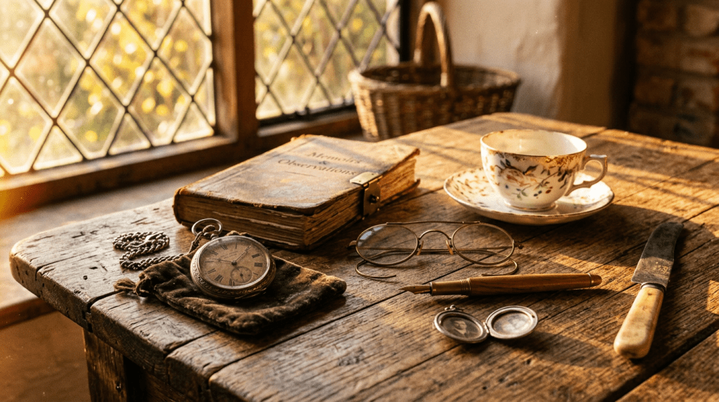 Rustic table with pocket watch, old book, glasses, pen, teacup, knife, and photo locket